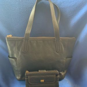 FOSSIL BLACK LEATHER TOTE AND WALLET